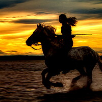 Buy canvas prints of Girl Horse riding silhouetted against sunset by Helkoryo Photography