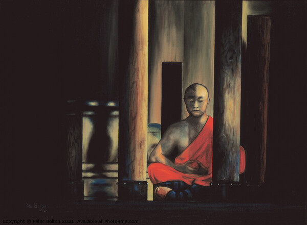 Painting in oils of a Shaolin monk in meditation. By me 2003. Now available as prints. Picture Board by Peter Bolton