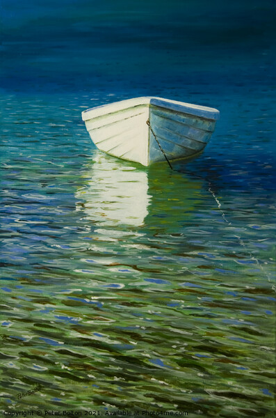'The White Boat'. Painting in oils by Peter Bolton 2004. Picture Board by Peter Bolton