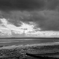 Buy canvas prints of Black and white seascape across Thames Estuary from Thorpe Bay, Essex, UK. by Peter Bolton