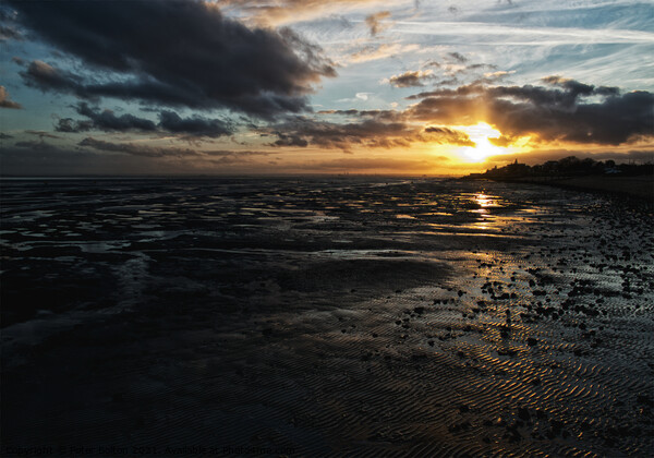 Sunset at low tide, East Beach, Shoeburyness, Essex. Picture Board by Peter Bolton