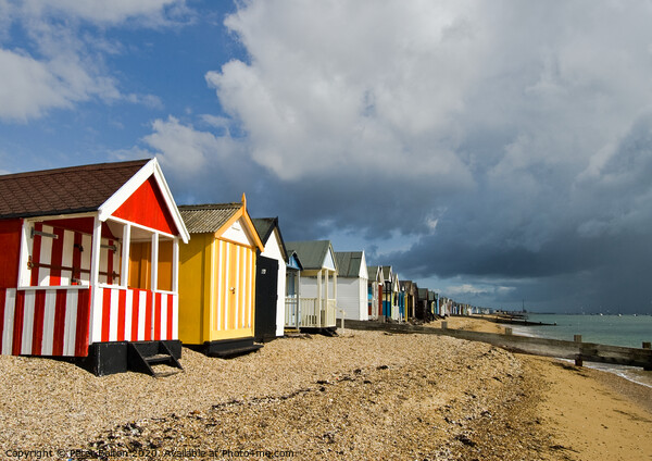 Beach huts at Thorpe Bay, Essex, UK Picture Board by Peter Bolton