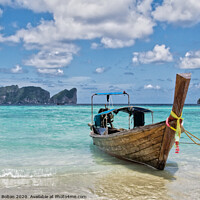 Buy canvas prints of Long tail boat on the beach at Ko Phi Phi Leh, Krabi Province, Thailand. by Peter Bolton