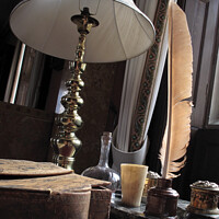Buy canvas prints of 'Lamp and quill'. Studio still life photo art. by Peter Bolton