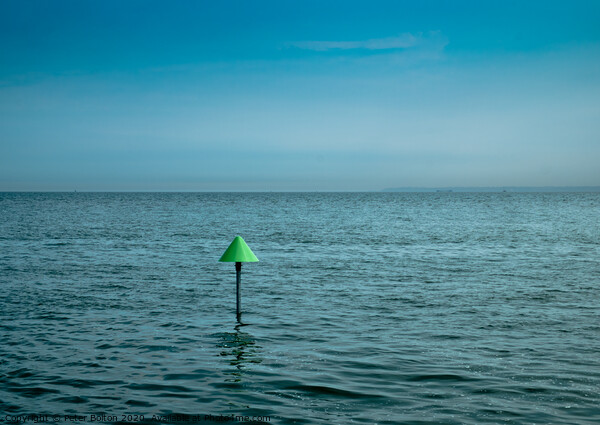 Minimal seascape of The Thames Estuary with a marker cone as the point of interest. Picture Board by Peter Bolton