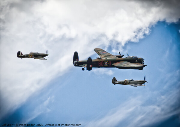 Battle of Britain Memorial Flight. Wellington, Spitfire and Hurricane. Picture Board by Peter Bolton