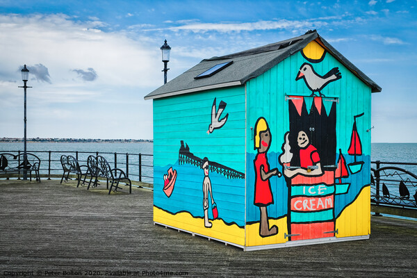 A beach hut display on the pier at Southend on Sea, Essex, Uk. Picture Board by Peter Bolton