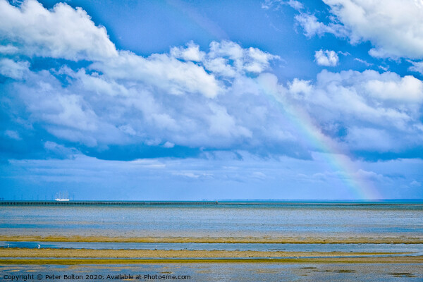 Abstract seascape with weather front and rainbow. Thorpe Bay, Essex, UK. Picture Board by Peter Bolton