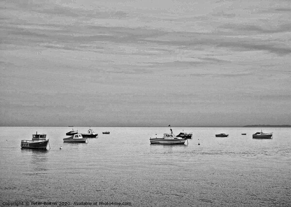 Black and white study of small boats at anchor offshore at Thorpe Bay, Essex. Picture Board by Peter Bolton
