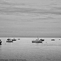 Buy canvas prints of Black and white study of small boats at anchor offshore at Thorpe Bay, Essex. by Peter Bolton