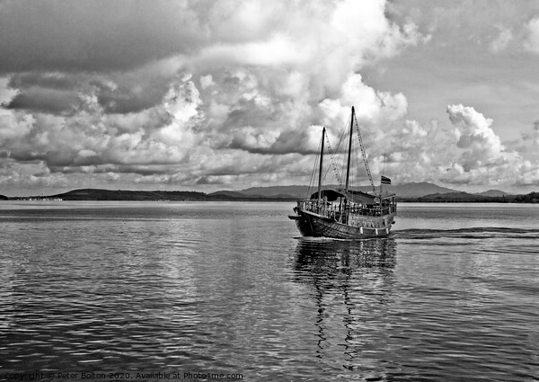 Black and white image of Burmese Junk at Chalong Bay, Thailand. Picture Board by Peter Bolton