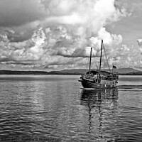 Buy canvas prints of Black and white image of Burmese Junk at Chalong Bay, Thailand. by Peter Bolton