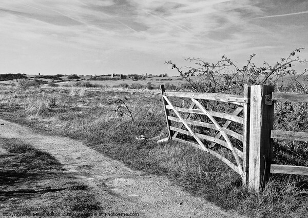 A view through a farm gate in black and white at Two Tree Island, with Hadleigh Castle on the horizon. Essex, UK.  Picture Board by Peter Bolton