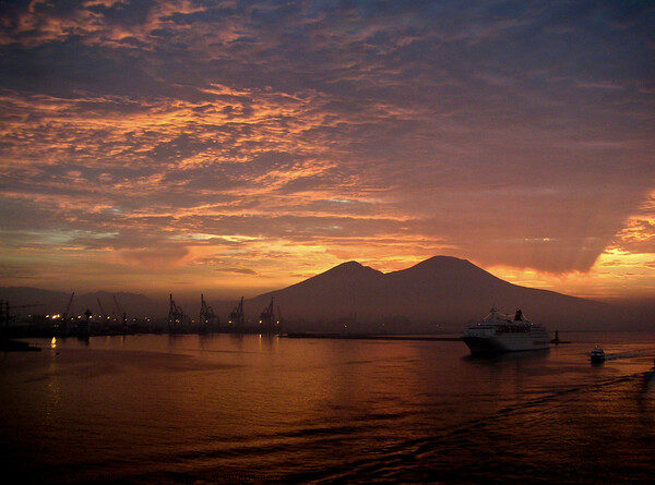 Bay of Naples and Vesuvius at first light. Picture Board by Peter Bolton