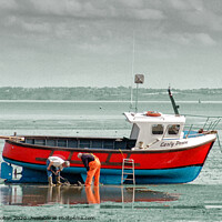 Buy canvas prints of Fishermen maintain their boat at Thorpe Bay, Thames Estuary, Essex. by Peter Bolton