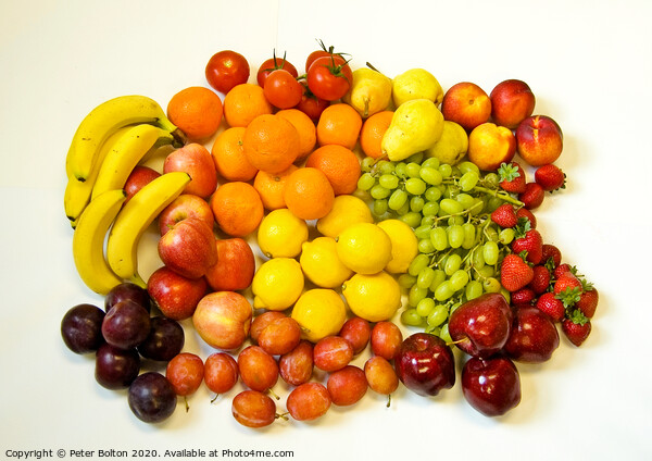Still life of fresh fruits arranged as graphic design on a white background Picture Board by Peter Bolton