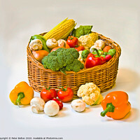 Buy canvas prints of Studio still life of a basket of fresh vegetables on a white background. by Peter Bolton