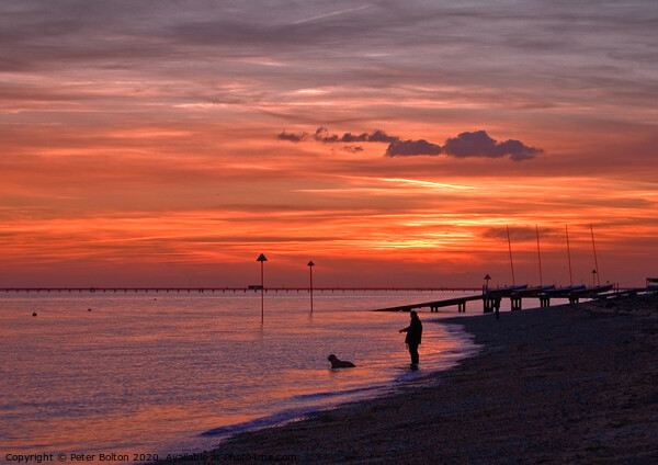 Deep orange sunset over the sea at Westcliff on Sea, Essex, UK. Picture Board by Peter Bolton