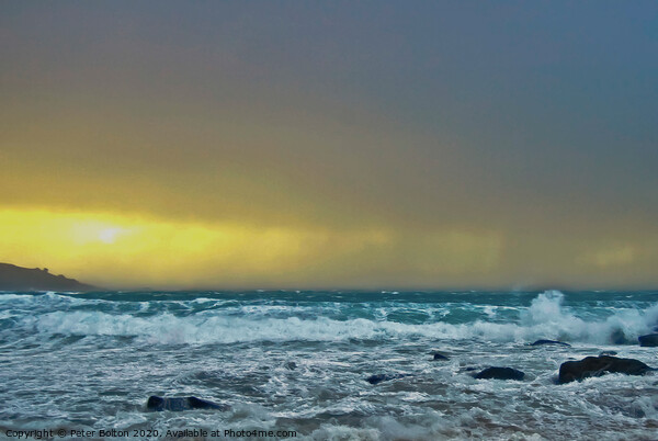 A Sudden squall hits Porthmeor Beach, St. Ives, Co Picture Board by Peter Bolton