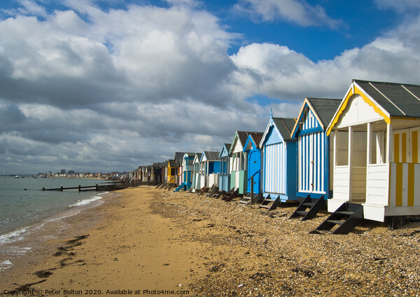 Beach huts at Thorpe Bay, Thames Estuary, Essex, UK Picture Board by Peter Bolton