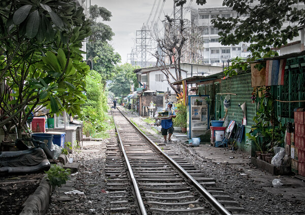 Railway track in central Bangkok, Thailand, with houses alongside. Picture Board by Peter Bolton