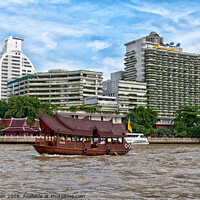 Buy canvas prints of A tourist junk passing condominium towers on Chao Phraya river, Bangkok, Thailand. by Peter Bolton