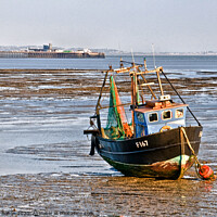 Buy canvas prints of Fishing boat and Southend on Sea Pier, Essex, UK. by Peter Bolton