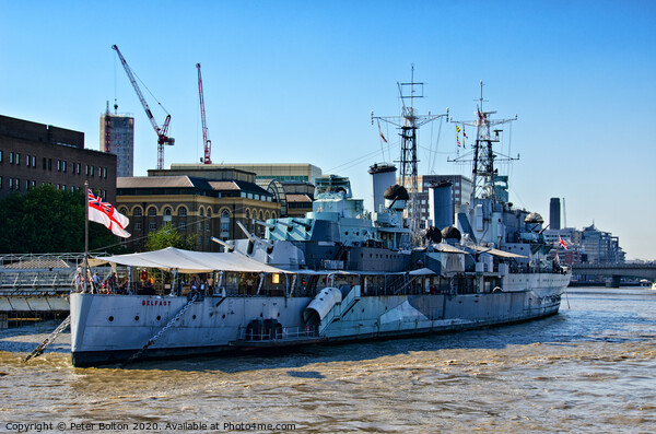 Museum ship HMS Belfast moored on the River Thames Picture Board by Peter Bolton