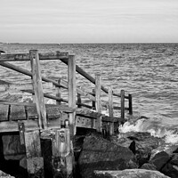 Buy canvas prints of Steps to the beach covered at high tide at East Beach, Shoeburyness, Essex, UK. by Peter Bolton