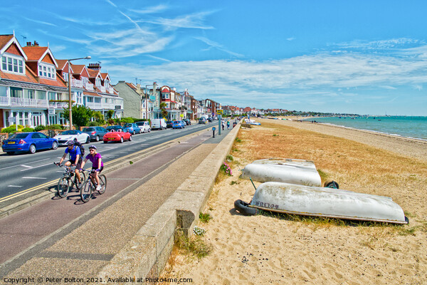 Seafront and beach at Thorpe Bay, Essex, UK. Picture Board by Peter Bolton