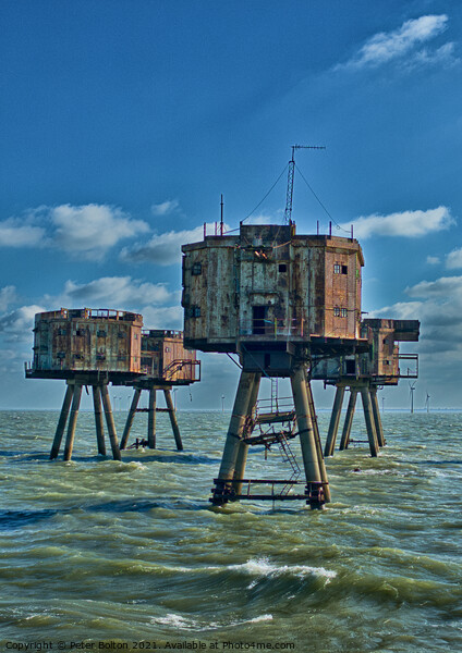 The Maunsell Forts, WWII armed towers built at 'Red Sands' in The Thames Estuary, UK. Picture Board by Peter Bolton