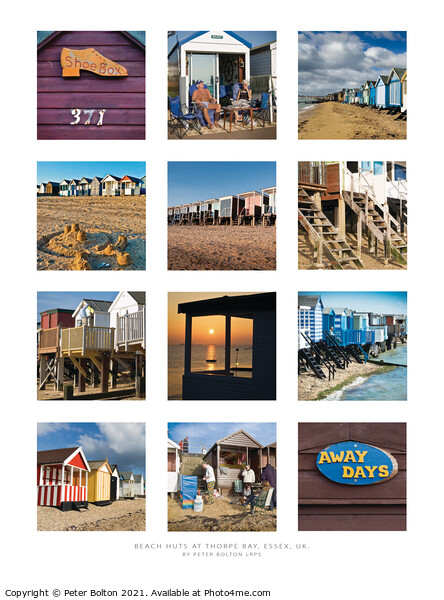 Beach huts at Thorpe Bay, Essex, UK. Wall art poster with 12 panels Picture Board by Peter Bolton