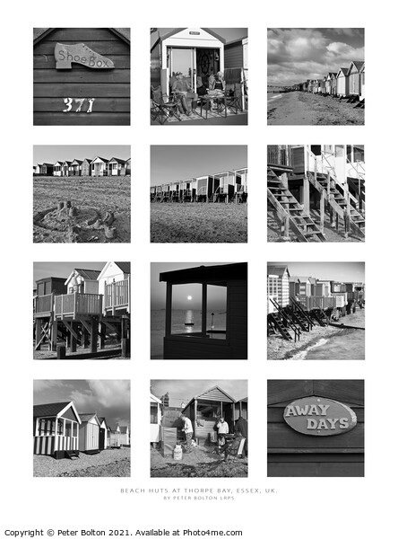  Monochrome poster of beach huts at Thorpe Bay, Southend on Sea, Essex.  Picture Board by Peter Bolton