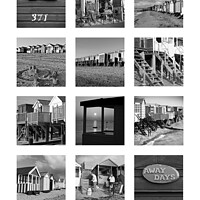 Buy canvas prints of  Monochrome poster of beach huts at Thorpe Bay, Southend on Sea, Essex.  by Peter Bolton