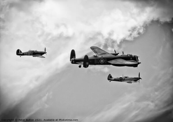 Monochrome image.Battle of Britain Memorial Flight. Wellington, Spitfire and Hurricane.  Picture Board by Peter Bolton