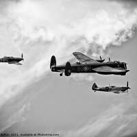 Buy canvas prints of Monochrome image.Battle of Britain Memorial Flight. Wellington, Spitfire and Hurricane.  by Peter Bolton