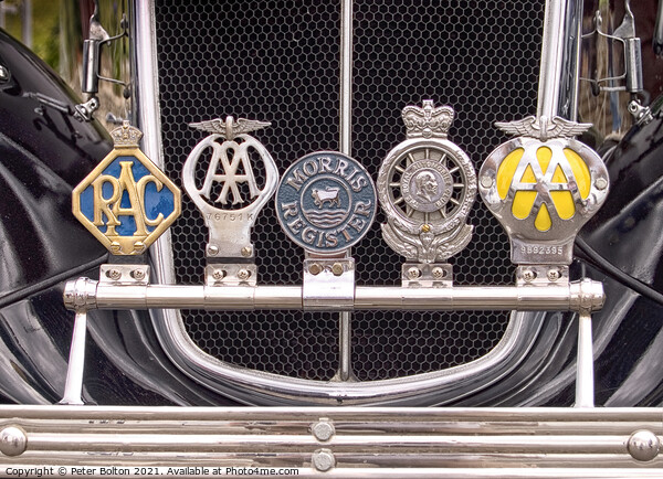 Classic car  badge bar on Morris vintage car. Picture Board by Peter Bolton