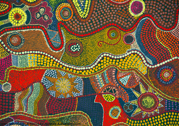 Traditional Aboriginal artwork on fabric. Picture Board by Peter Bolton