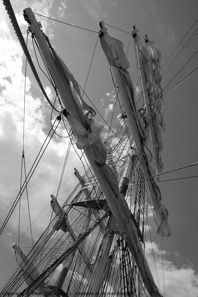 Mercedes sailing ship. Abstract view of her masts and furled sails in black and white Picture Board by Peter Bolton