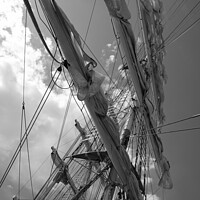 Buy canvas prints of Mercedes sailing ship. Abstract view of her masts and furled sails in black and white by Peter Bolton
