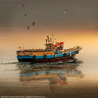 Buy canvas prints of Reflections of a Vigo Mussel Boat by Gary Sanford