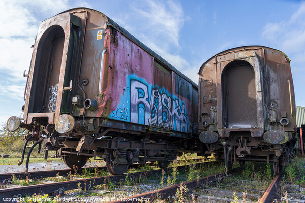 Rusting Abandoned Railway Carriages with Graffiti Picture Board by Heather Sheldrick