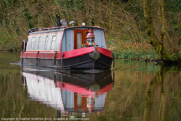 Narrowboat and Reflection on Canal Picture Board by Heather Sheldrick