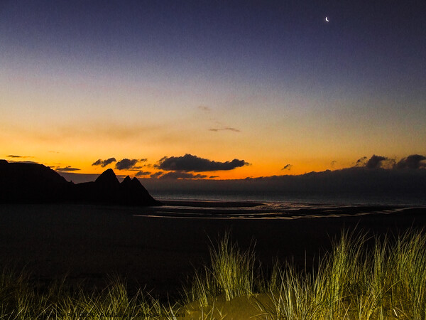 Three Cliffs Bay with Waning Crescent Picture Board by Paddy Art