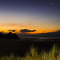 Buy canvas prints of Three Cliffs Bay with Waning Crescent by Paddy Art