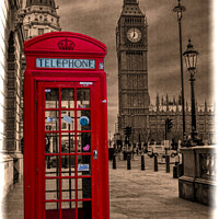 Buy canvas prints of Big Ben with old London red telephone booth by Stephen Munn