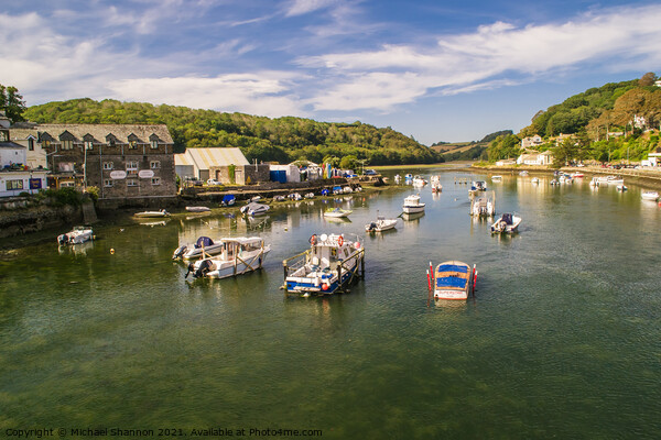 Boats moored on the river estuary, Looe, Cornwall Picture Board by Michael Shannon