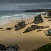 Buy canvas prints of A moody, overcast day at Bedruthan Steps on the Co by Michael Shannon