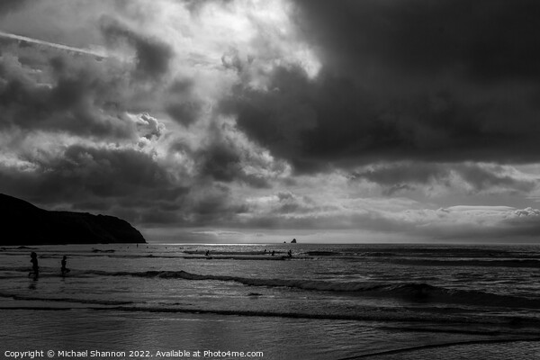 Surfers in the sea at Perranporth in Cornwall Picture Board by Michael Shannon