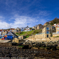 Buy canvas prints of Cottages and boathouse in Runswick Bay, North York by Michael Shannon
